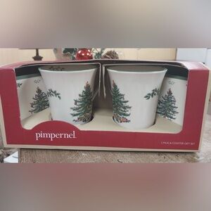 NIB Spode Set of 2 Festive Tree Mugs and Coasters